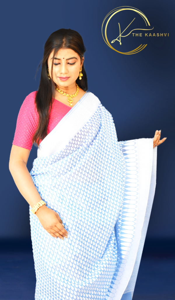 Sea Blue With White Butti Cotton Banarasi Saree - Image 2