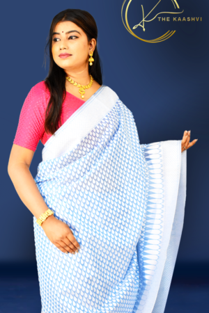 Sea Blue With White Butti Cotton Banarasi Saree
