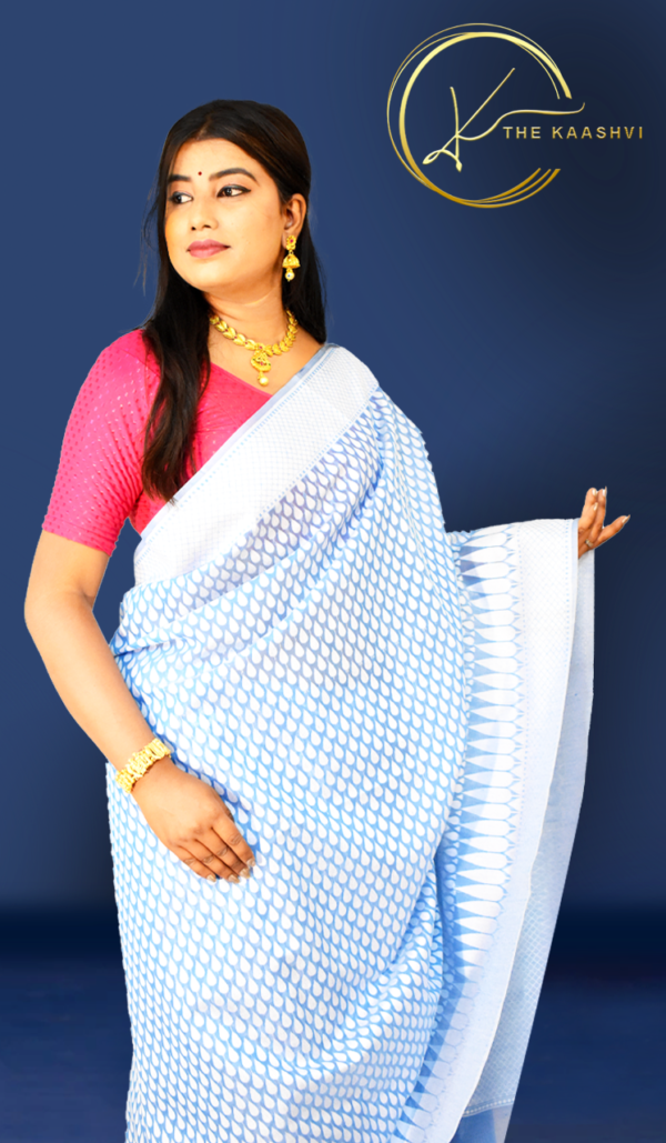 Sea Blue With White Butti Cotton Banarasi Saree